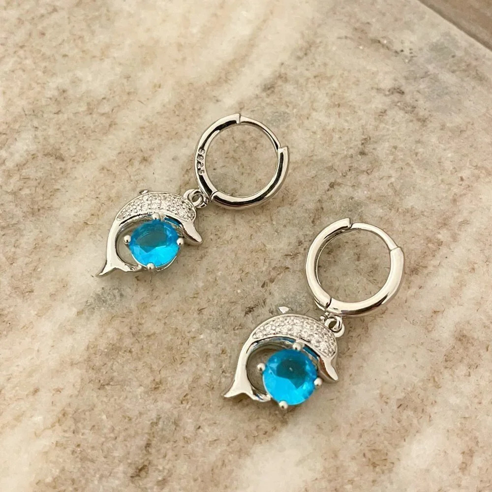925 Sterling Silver Dolphin Earrings CZ Aquamarine Stone Dolphin Hoop Earrings - Picture 5 of 5